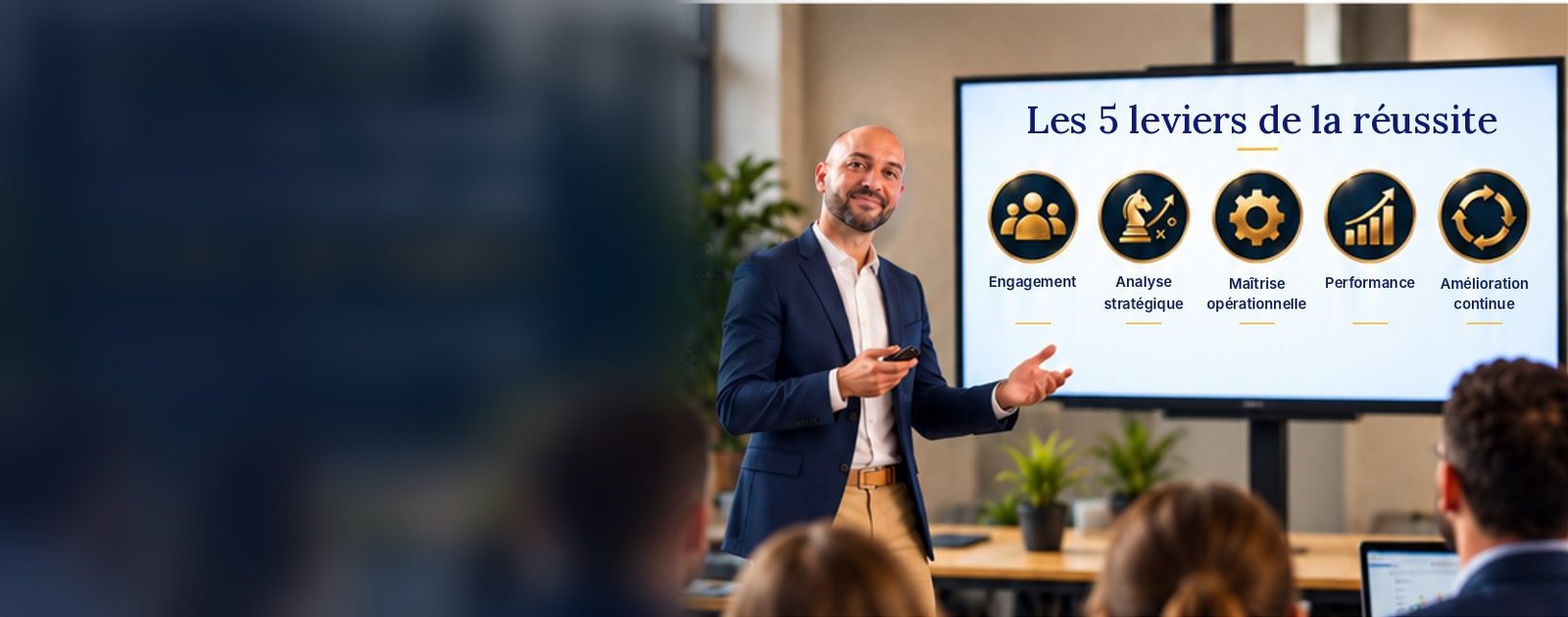 Patrice Alary anime une formation devant un écran présentant les 5 leviers de la réussite : engagement, analyse stratégique, maîtrise opérationnelle, performance, amélioration continue.